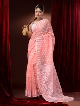 CHARUKRITI - Peach Silk Cotton Handwoven Jamdani Saree with Woven Designs and Motifs