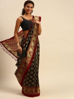 Sangam Prints - Black Art Silk Printed Traditional Tassle Saree with Unstitched Blouse