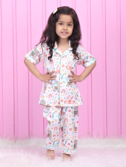 Polka Tots - White Cotton Half Sleeves Printed Shirt with Pyjama for Kids (Set of 2)