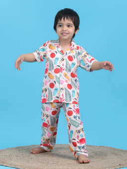 Polka Tots - White Cotton Half Sleeves Printed Shirt with Pyjama (Set of 2)