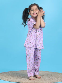 Polka Tots - Purple Cotton Half Sleeves Printed Shirt with Pyjama for Kids (Set of 2)