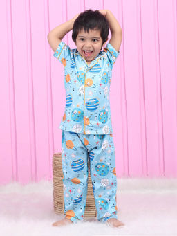 Polka Tots - Blue Cotton Half Sleeves Printed Shirt with Pyjama for Kids (Set of 2)