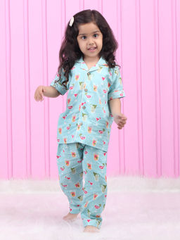 Polka Tots - Turquoise Cotton Half Sleeves Printed Shirt with Pyjama (Set of 2)