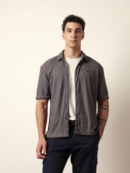 The Bear House - Mens Grey Self Design Casual Modern Fit Shirt