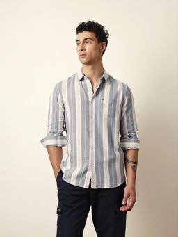 The Bear House - Mens Blue Stripes Casual Modern Fit Shirt