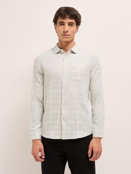 The Bear House - Mens Cream Cotton Herringbone Checks Slim Fit Casual Shirt