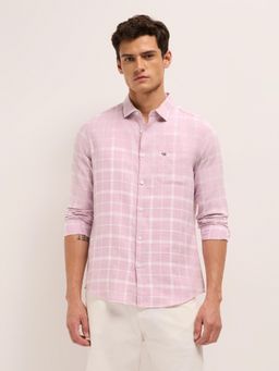 The Bear House - Mens Pink Cotton Herringbone Checks Slim Fit Casual Shirt