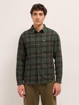 The Bear House - Mens Olive Cotton Checks Regular Fit Flannel Casual Shirt