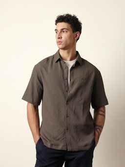 The Bear House - Mens Olive Self Design Casual Modern Fit Shirt