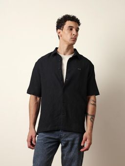 The Bear House - Mens Black Self Design Casual Modern Fit Shirt