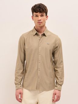 The Bear House - Mens Beige Woven Solid Regular Fit Casual Shirt