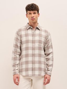 The Bear House - Mens Brown Herringbone Design Regular Fit Casual Shirt