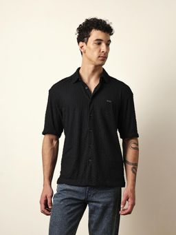 The Bear House - Mens Black Self Design Casual Modern Fit Shirt