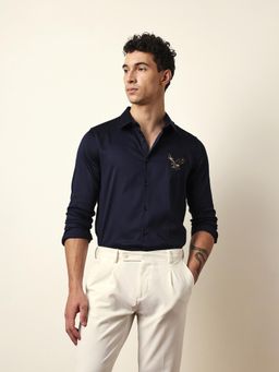 The Bear House - Mens Navy Blue Casual Modern Fit Shirt