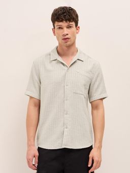 The Bear House - Mens Cream Woven Self Design Relax Fit Casual Shirt