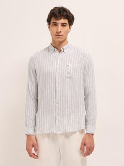 The Bear House - Mens Cotton Linen Stripes Slim Fit Casual Shirt