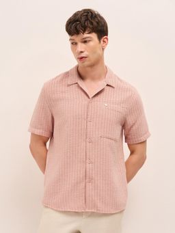 The Bear House - Mens Peach Woven Self Design Relax Fit Casual Shirt