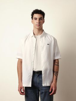 The Bear House - Mens White Self Design Casual Modern Fit Shirt