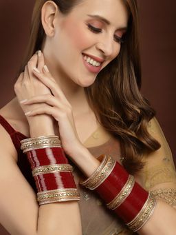 PANASH - Red and Gold Plated of 74 AD Stone Matching Bangles Wedding Chuda (Set of 74)