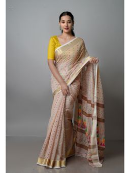 Unnati Silks - Beige Pure Handloom Dhakai Jamdani Cotton Silk Saree