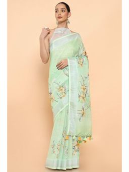 Soch - Women Green Linen Floral Saree with Unstitched Blouse
