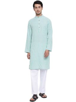 Fabindia - Cotton Slim Fit Green Striped Long Kurta