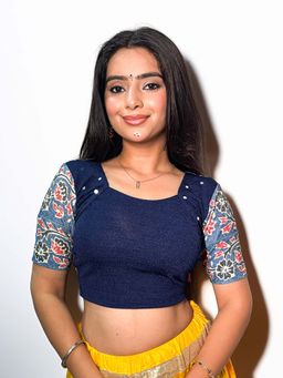 BINDIGASM'S ADVI - Navy Navratri Ajrakh Mirrorwor Stretchable Readymade Blouse