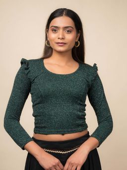 BINDIGASM'S ADVI - Green Ruffled Metallic Lurex Stretchable Blouse