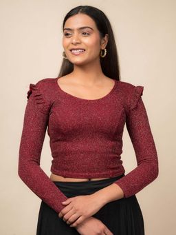 BINDIGASM'S ADVI - Maroon Ruffled Metallic Lurex Stretchable Blouse