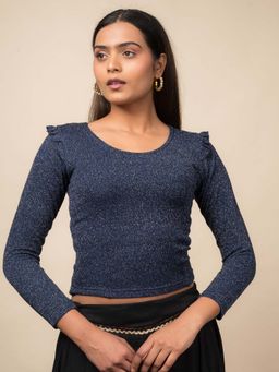BINDIGASM'S ADVI - Navy Blue Ruffled Metallic Lurex Stretchable Blouse