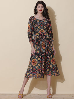 Label Ritu Kumar - Black Floral Printed Long Dress
