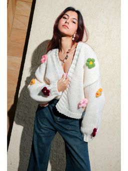 FREAKINS - White Oversized Multi-Color Flower Cardigans