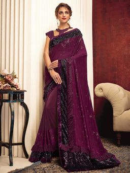 Odette - Wine Lycra Value Addition Fabric Designer Saree with Unstitched Blouse