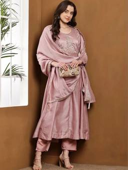 Gahan - Womens Lavender Embroidered Poly Georgette Anarkali Kurta with Pant & Dupatta