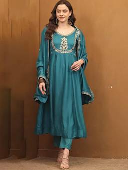 Gahan - Womens Teal Embroidered Poly Georgette Anarkali Kurta with Pant & Dupatta