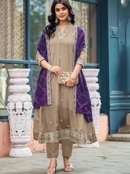 Gahan - Womens Beige Embroidered Poly Georgette Anarkali Kurta with Pant & Dupatta