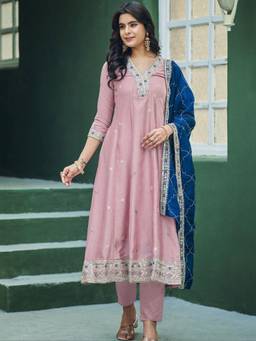 Gahan - Womens Pink Embroidered Viscose Rayon Anarkali Kurta with Pant & Dupatta