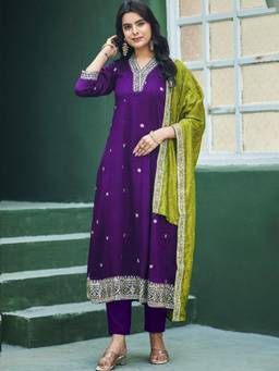Gahan - Womens Purple Embroidered Art Silk Anarkali Kurta with Pant & Dupatta