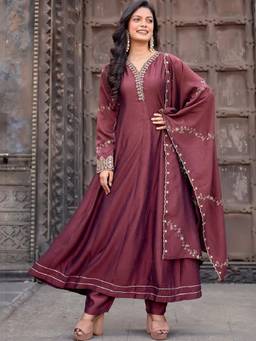 Gahan - Womens Brown Embroidered Art Silk Anarkali Kurta with Pant & Dupatta