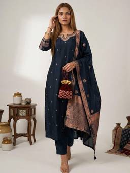Gahan - Womens Navy Blue Embroidered Silk Blend A-Line Kurta with Pant & Dupatta