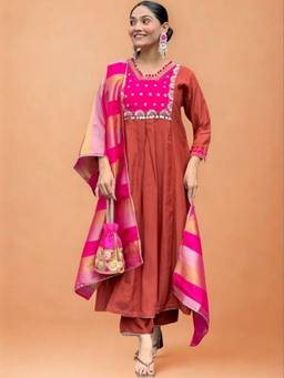 Gahan - Womens Rust Embroidered Silk Blend Anarkali Kurta with Pant & Dupatta
