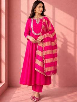 Gahan - Womens Fuchsia Embroidered Silk Blend Anarkali Kurta with Pant & Dupatta