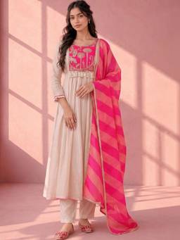 Gahan - Womens Off White Embroidered Silk Blend Anarkali Kurta with Pant & Dupatta