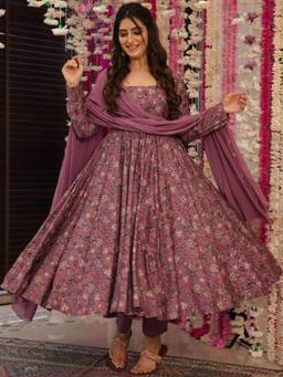 Gahan - Womens Mauve Printed Viscose Rayon Anarkali Kurta with Pant & Dupatta