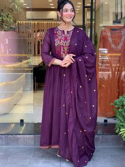 Gahan - Womens Purple Embroidered Chanderi Cotton Anarkali Kurta with Pant & Dupatta
