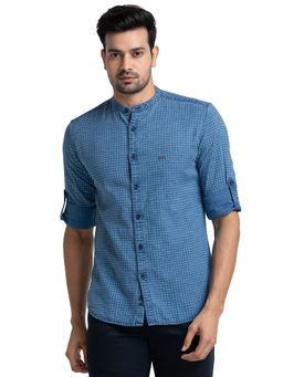 Parx - Slim Fit Printed Dark Blue Casual Shirt