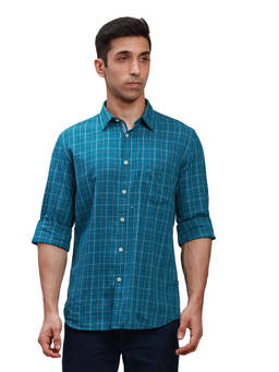 Parx - Slim Fit Checks Dark Blue Casual Shirt