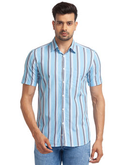 Parx - Slim Fit Striped Light Blue Casual Shirt