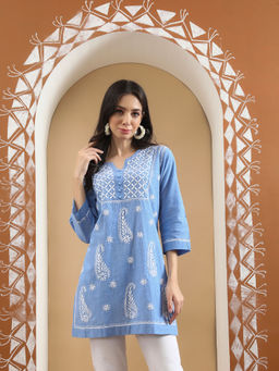 Seva Chikan - Hand Embroidered Blue Cotton Lucknowi Chikankari Kurti