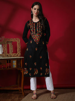 Seva Chikan - Hand Embroidered Black Cotton Lucknowi Chikankari Kurta